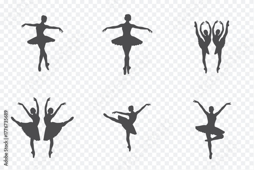 Six black silhouettes of ballet dancers in diverse poses, including lifts and solo stances, set against a white backdrop.