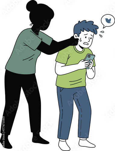 Woman grabbing man's neck while he looks at phone with bird icon cyberbullying online harassment