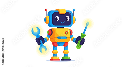 Cheerful Robot Technician With Tools Performing Automated Repair Services