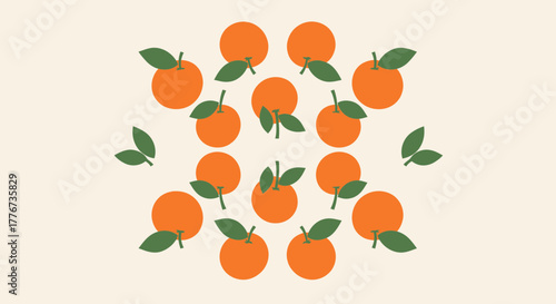 Circular Arrangement of Stylized Oranges and Green Leaves on a Creamy Background