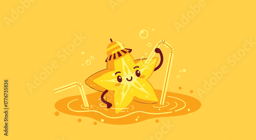 Cheerful Star Fruit Enjoying Juice with a Hat, Drinking Straws, and Bubbles