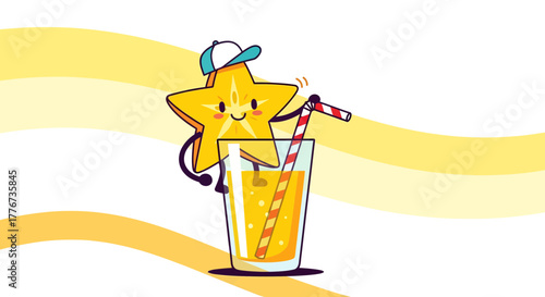 Cheerful Star Fruit Mascot Enjoying Beverage In A Glass With A Smiling Expression