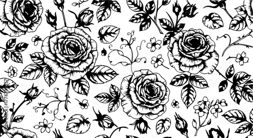 Seamless Hand-Drawn Rose Pattern in Vintage Botanical Style

Black and White Rose Flower Illustration Seamless Background

Floral Line Art Pattern with Roses and Leaves