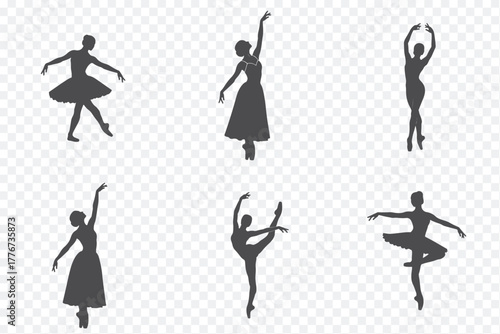 Collection of six black silhouettes showcasing ballet dancers in graceful, dynamic poses against a clean white backdrop. Ideal for artistic designs.