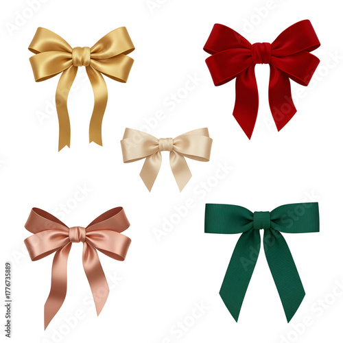Luxury 3D Ribbon Bow Clipart Set - Satin, Silk & Gold Velvet for Gifts and Wedding Decoration  on transparent background