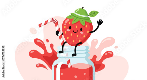 Cheerful Strawberry Mascot Drinks Refreshing Juice in a Cute, Playful Illustration