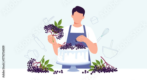 Confectioner Decorating a Cake with Fresh Berries for Festive Celebration Artwork