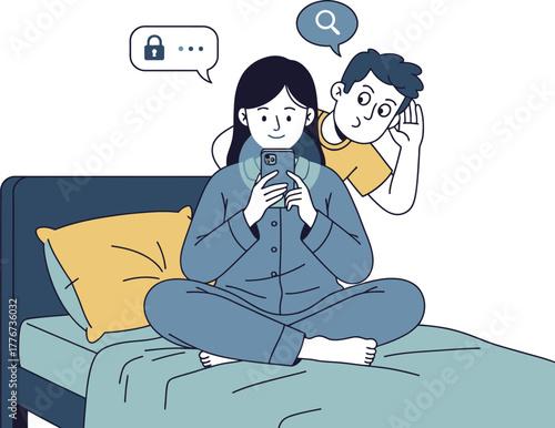Woman in blue pajamas on bed using smartphone with man peeking over shoulder vector