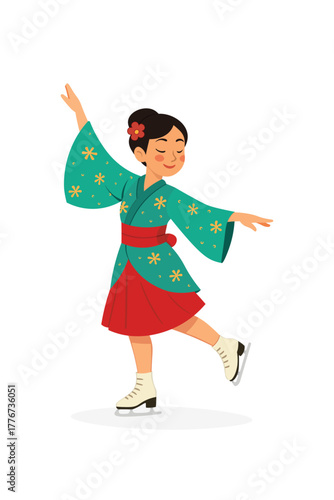 Graceful asian figure skater in traditional outfit – cultural winter sports Illustration
