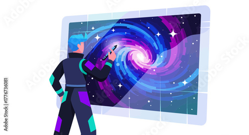 Cosmic Artist Paints Galactic Vista: Modern Illustration Depicting Creativity and Innovation