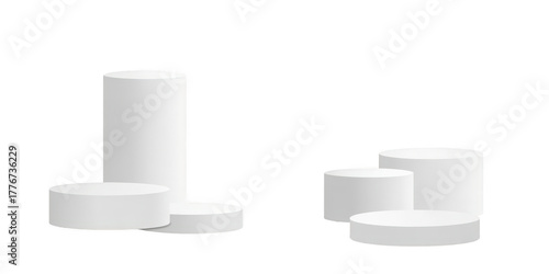 Two sets of white cylindrical podiums or display stands of varying heights, isolated on transparent background