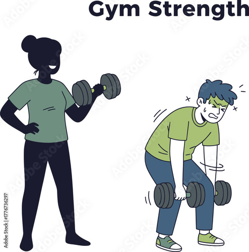 Woman lifting dumbbell with ease, man struggling to lift dumbbells fitness exercise