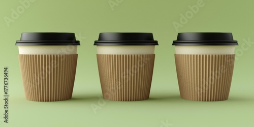 Wallpaper Mural Three paper cups with black lids and cardboard sleeves stand on a green surface. AI. Torontodigital.ca