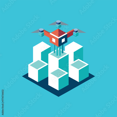 Isometric drone delivering package over modern city buildings, futuristic aerial delivery service concept, technology and logistics illustration