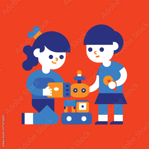 Joyful children engaged in building and playing with a robotics construction kit, fostering creativity and STEM skills in an educational setting