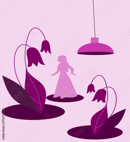 Flowers in the foreground, a lamp from the ceiling, in the background there is a silhouette of a woman, the picture is in shades of purple.
