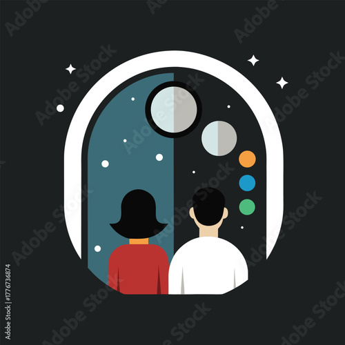 Vector illustration of a couple on a futuristic space tourism journey, looking out a spaceship window at a celestial view of distant planets and the starry galaxy