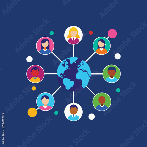 Diverse global communication network with connected people around the world, illustrating teamwork, collaboration, and international relations for social media and business use