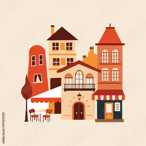 Vibrant Cityscape: A charming illustration of a European street scene, capturing the essence of architecture. Showcasing quaint buildings, shops, and cafes under a bright sunny day. 