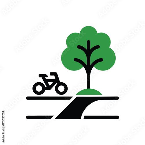 A flat design vector icon of a bicycle on a path next to a green tree. This filled glyph symbol represents eco-friendly transport, outdoor recreation, and a healthy lifestyle