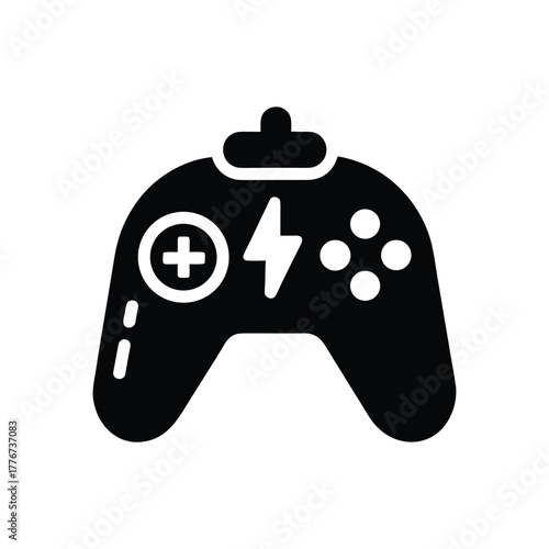 Filled glyph icon of a gaming controller with a lightning bolt representing power or energy