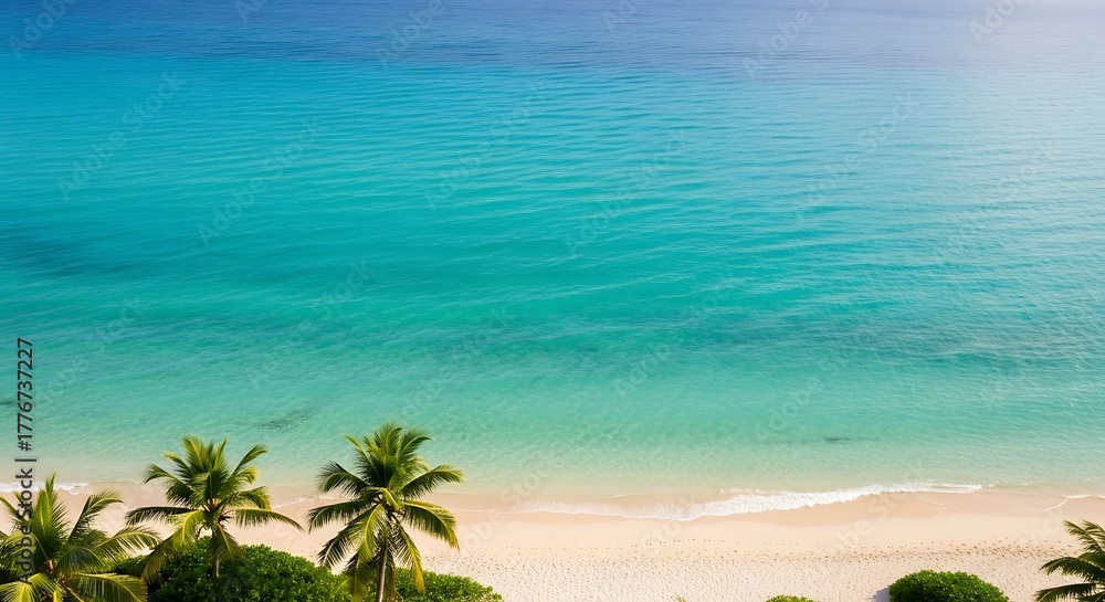 Fototapeta premium Aerial tropical beach with palm trees and turquoise ocean