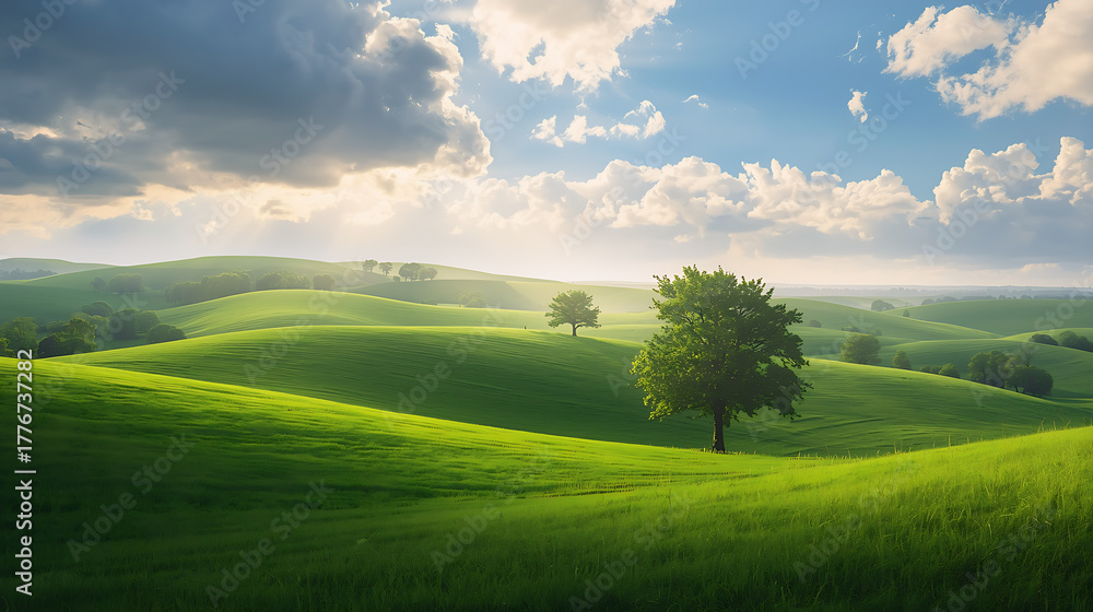 Fototapeta premium Blue sky with white clouds over a green meadow and rolling hills in a bright summer landscape
