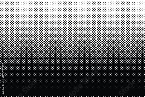 Halftone vector texture of gradient geometric circles in black. Seamless fading pattern. Abstract technological soft transition for background and backdrop. Gradient grid with transition.	