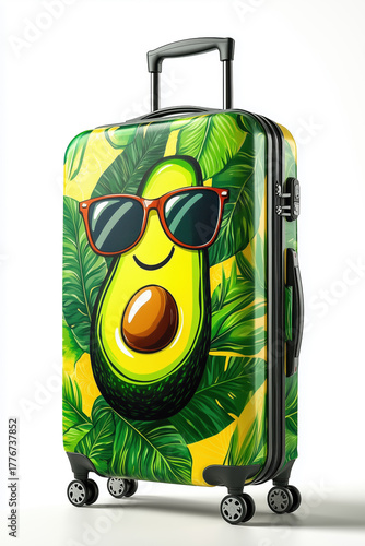 Bright suitcase with funny avocado wearing sunglasses print, travel and vacation concept.