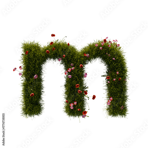3D alphabetic grass and flower, Christmas wreath letter m lowercase
