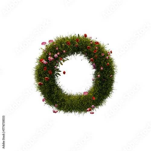 3D alphabetic grass and flower, Christmas wreath letter o lowercase