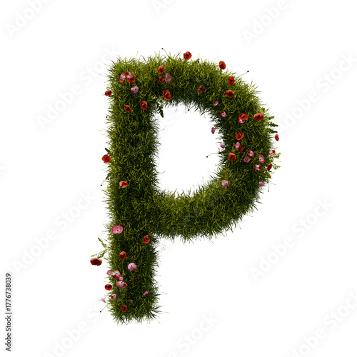 3D alphabetic grass and flower, Christmas wreath letter p lowercase