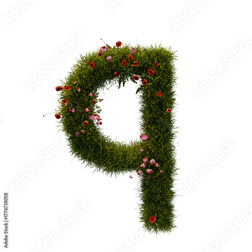 3D alphabetic grass and flower, Christmas wreath letter q lowercase