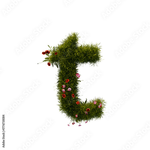 3D alphabetic grass and flower, Christmas wreath letter t lowercase