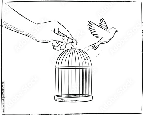 Hand opening birdcage door releasing a bird into the sky