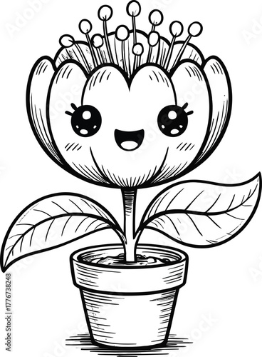 Cute cartoon flower with happy face in a pot drawing