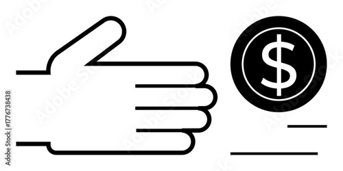 Open hand facing circular dollar coin with lines suggesting movement, representing payment, transaction, donation, wealth, exchange, investment, or generosity. Minimalist flat metaphor