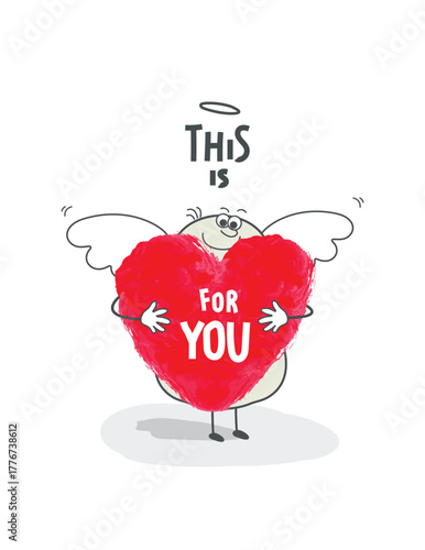 Vector hand drawn cartoon sketch of Angel who gives love as a gift for you. Angels advise and draw our attention by creating a seed of love.Thinking positive.