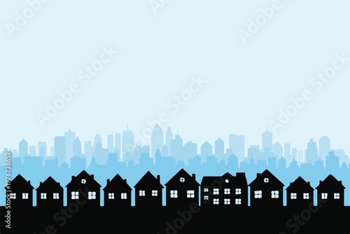 city skyline and suburban houses with glowing windows vector art