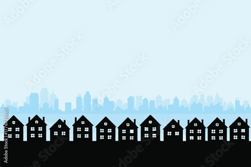 city skyline background with row of houses silhouette at dusk