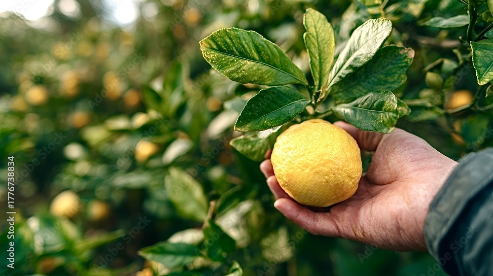 Obraz premium Hand picking fresh ripe lemon from tree