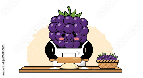 A Cheerful Blackberries Character Baking Delicious Pastry on a Wooden Table