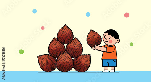 A Boy Arranging Salak Fruits: Playful Food Illustration in Vector Style