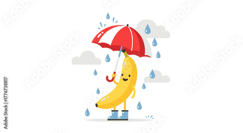 A Cheerful Banana Wearing Boots, Holding an Umbrella, in the Rain, Isolated on White