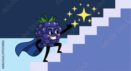 A Cheerful Blackberry Superhero Climbing The Stairs Toward Sparkles and A Bright Future