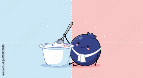 A Cheerful Blueberry Character with Yogurt Cup and Spoon in a Happy, Colorful Scene