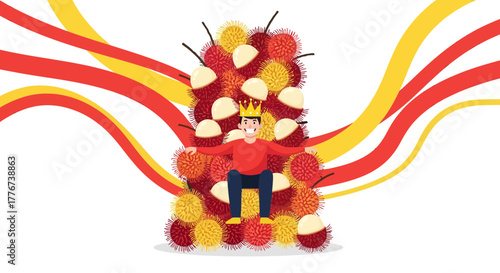 A Cheerful Figure Seated on a Rambutan Throne with Festive Streams of Color