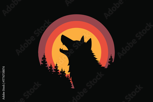 wolf howling silhouette sun sunset forest pine trees nature