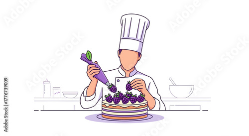 A Chef Expertly Decorates a Layered Cake with Cream and Fresh Berries