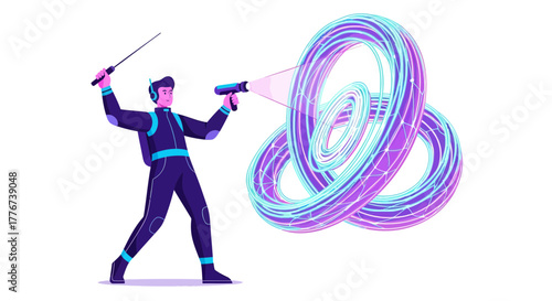 A Futuristic Explorer Interacting With A Tangled Energetic Structure Visualization
